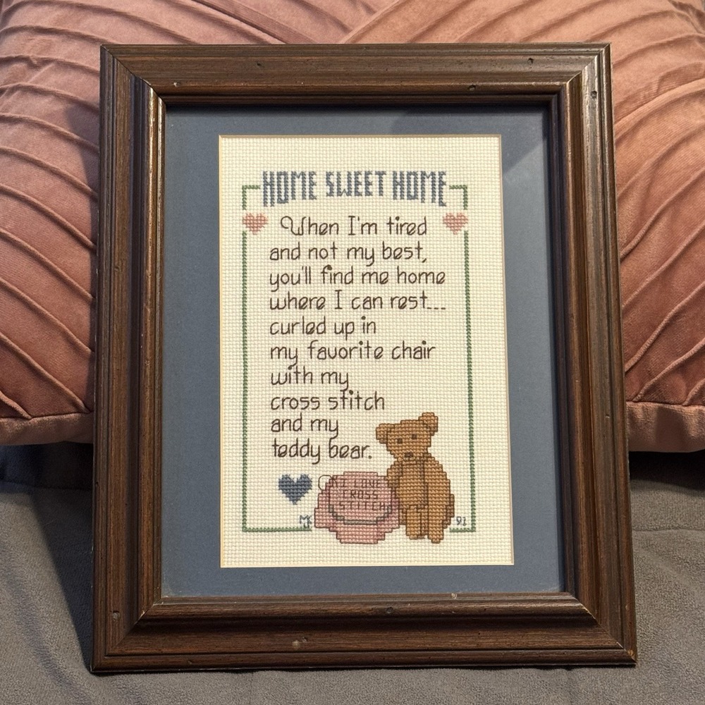 Vintage Framed Cross Stitch Teddy Bear Home Sweet Home Poem 12x10